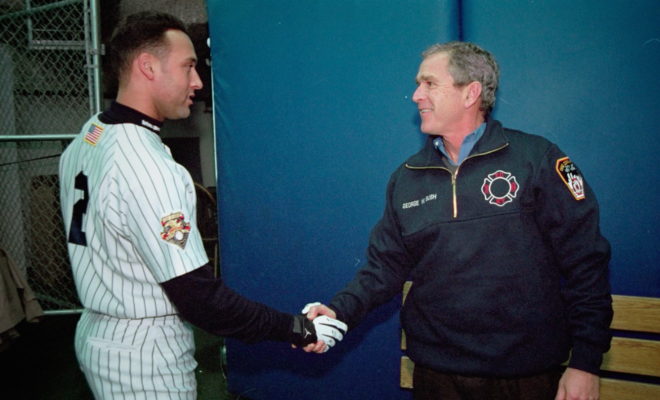 FIRST-PITCH-Bush-shaking-Jeters-hand-Still-660x400