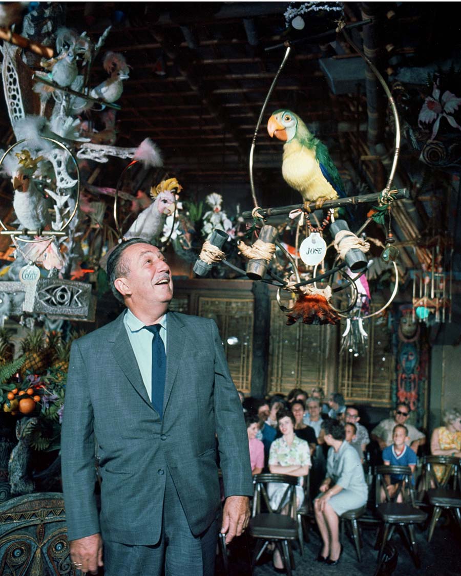 Walt Disney inside the original Enchanted Tiki Room at Disneyland.