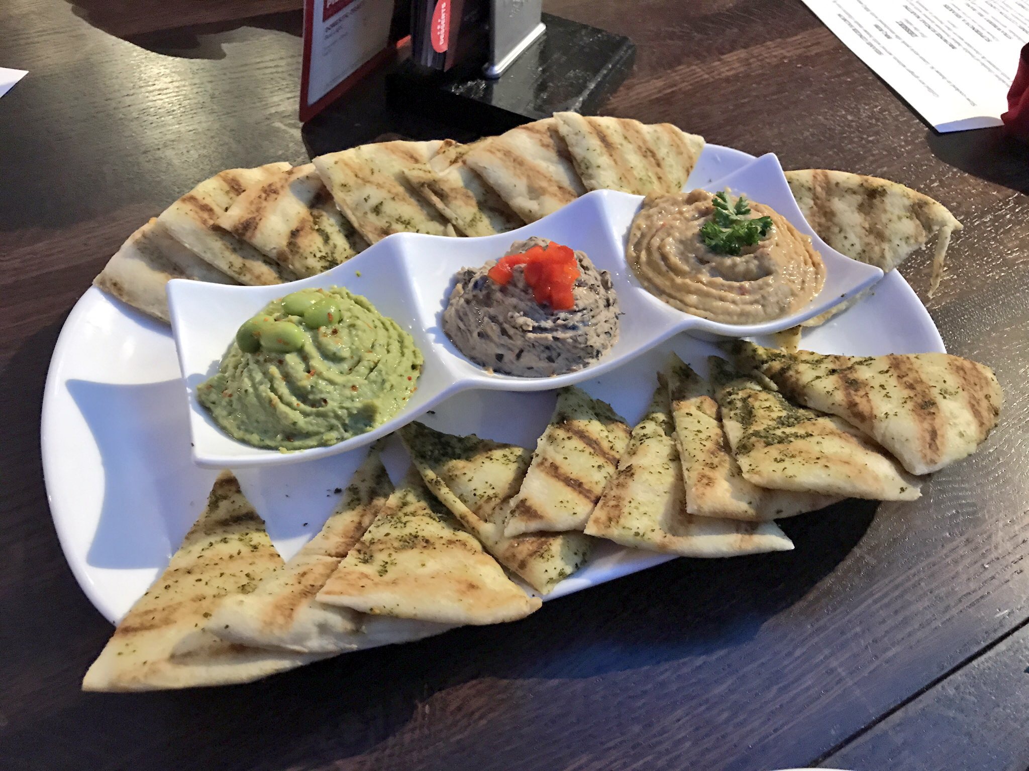 Hummus Trio - Roasted Red Pepper & Black Bean Hummus, Edamame Hummus & Garlic Hummus