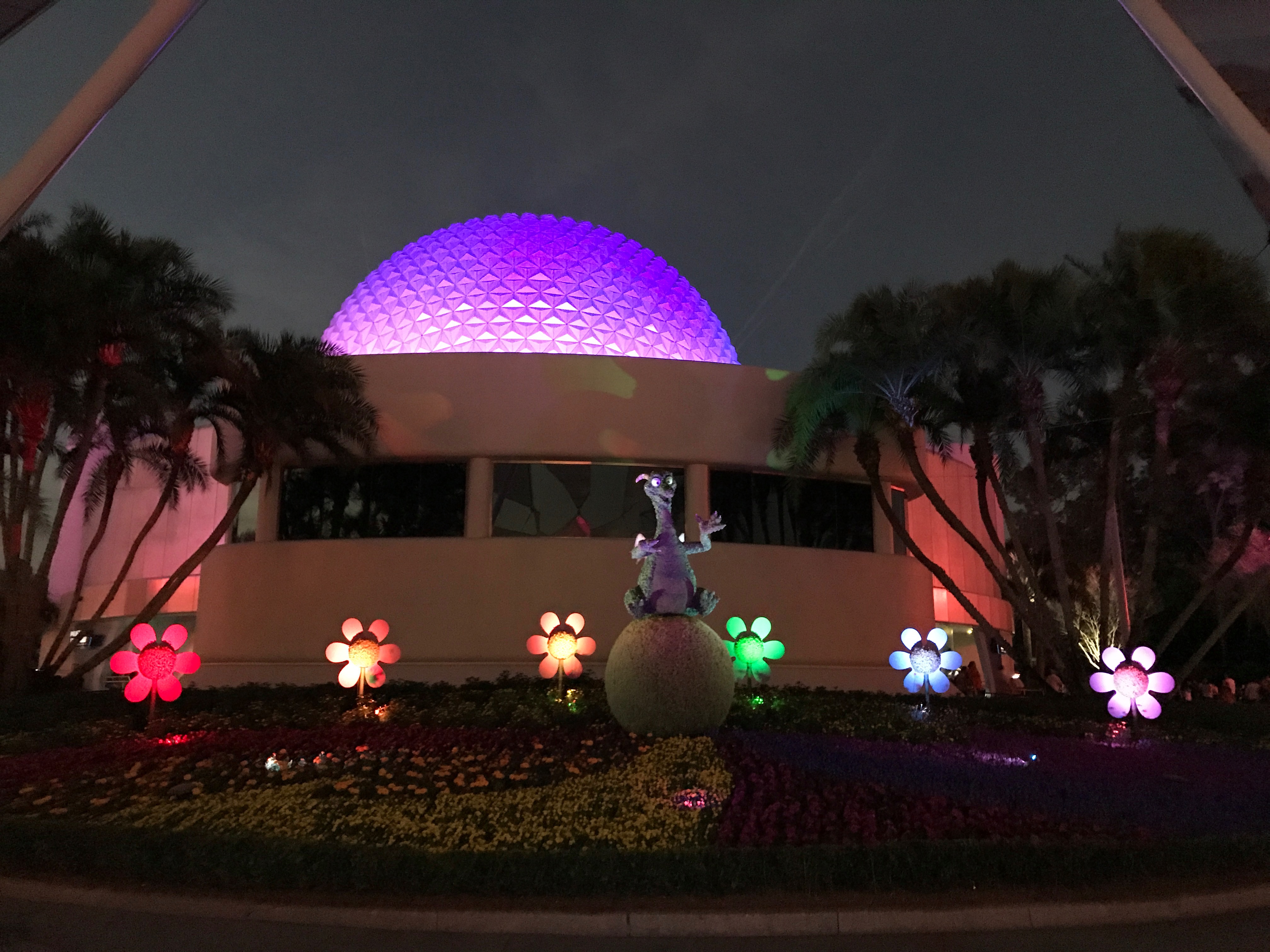 Figment having fun with some colors in the shadow of Spaceship Earth