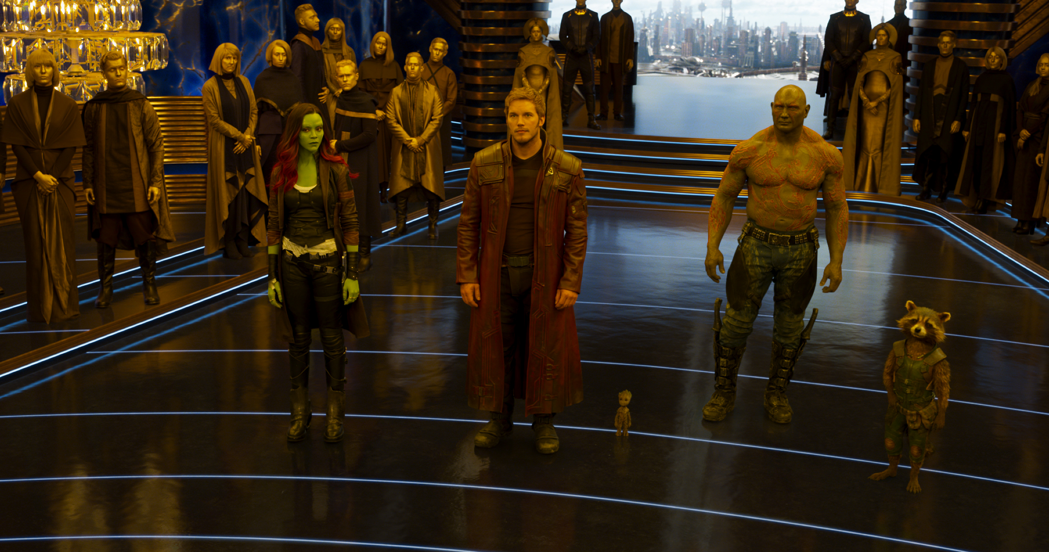 L to R: Gamora (Zoe Saldana), Star-Lord/Peter Quill (Chris Pratt), Groot (Voiced by Vin Diesel), Drax (Dave Bautista), and Rocket (Voiced by Bradley Cooper)