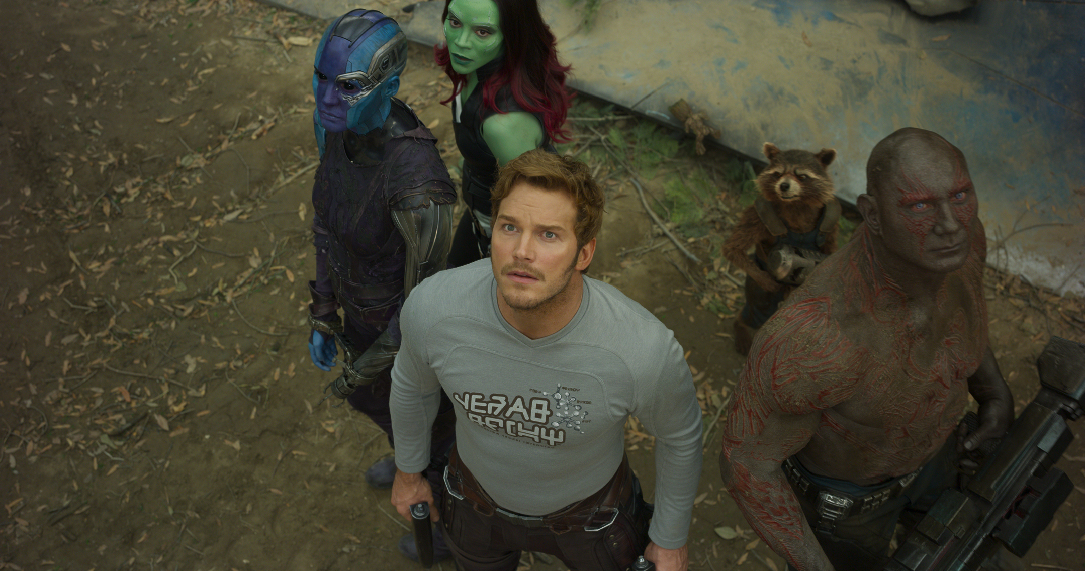 Guardians Of The Galaxy Vol. 2..L to R: Nebula (Karen Gillan), Gamora (Zoe Saldana), Star-Lord/Peter Quill (Chris Pratt), Groot (voiced by Vin Diesel), Rocket (voiced by Bradley Cooper) and Drax (Dave Bautista)..