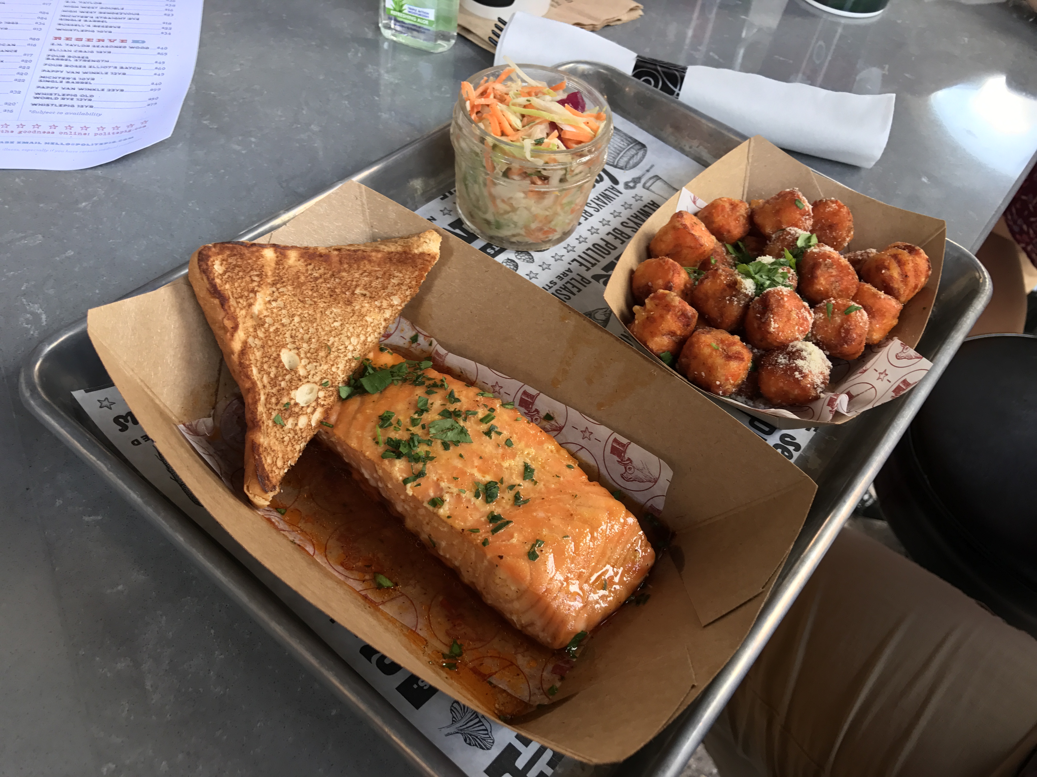 Wild Salmon - maple-mustard glaze; served with slaw, Texas toast and side of Sweet Potato Tots