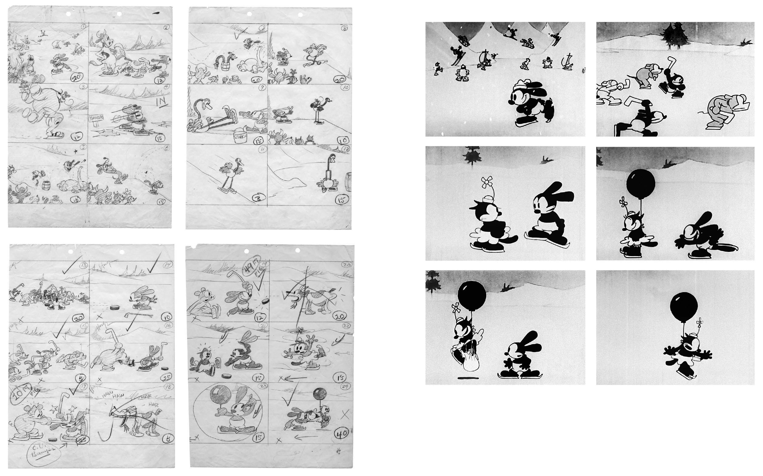 From a spread in the new book, a set of surviving story-sketch pages from Sleigh Bells that show the scene action in sequential order. This was the standard formatting for story sketches during this time, as the use of standalone storyboard drawings was not developed at Disney until the 1930s. Note that on some of these pages, and other story- sketch pages throughout this book, there are timing and footage notations, and in some instances the name of the artist cast to animate the scene is written directly on the drawings. Walt and Roy gave bonuses of $5 and $10 to artists for coming up with story and gag ideas.