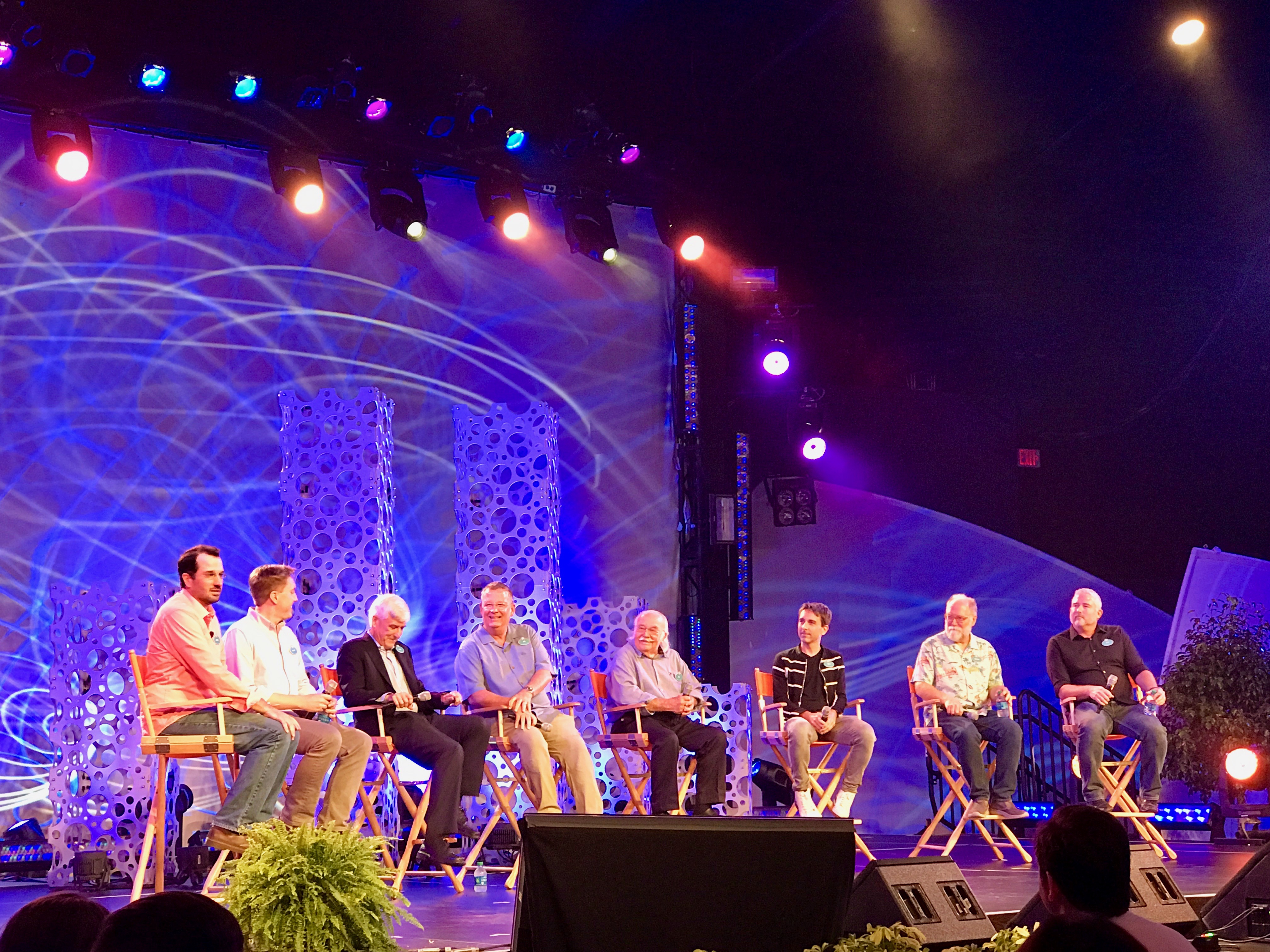 Epcot 35 - D23 Fanniversary Dreamers and Doers: Jim MacPhee, senior vice president, Walt Disney World Parks; Rick Allen, general manager, Future World; Disney Legend Bill Sullivan; Imagineers Alex Wright, Wyatt Winter, Zach Riddley, and Jason Grandt; and former Imagineer Patrick Brennan