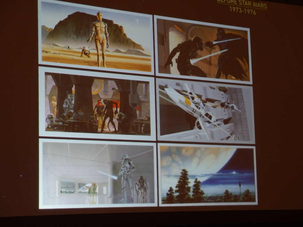 The first image created by McQuarrie was the upper left painting of R2-D2 and C-3PO