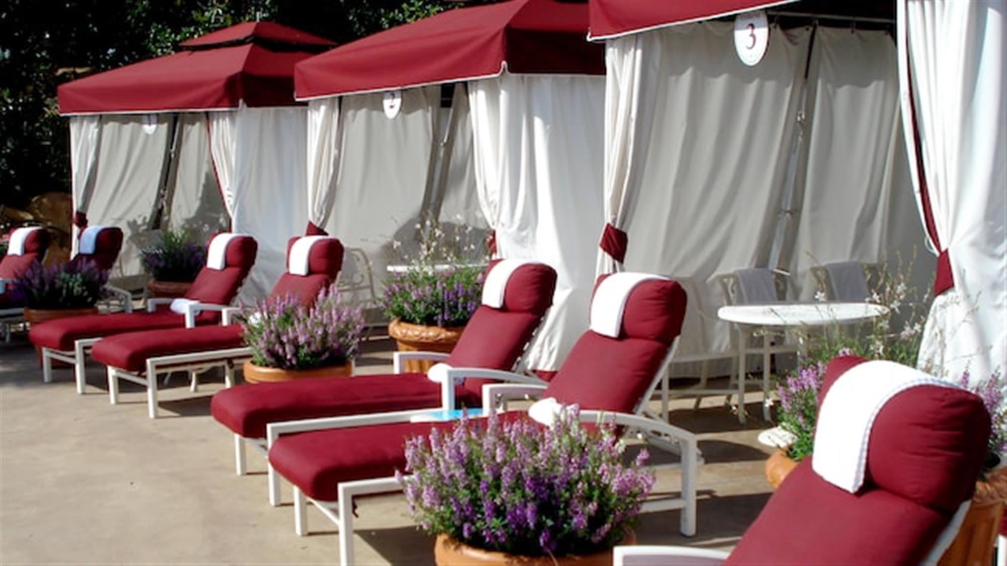 Padded lounge chairs topped with towels and potted planters of wildflowers lining a trio of cabanas