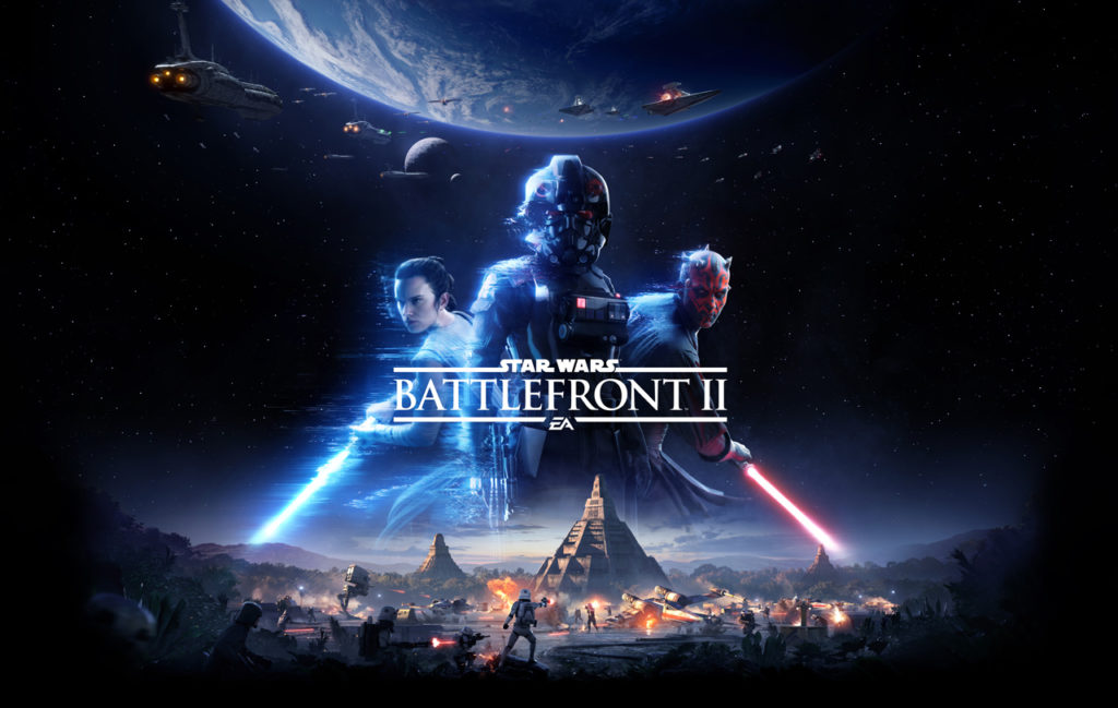Star Wars Battlefront II key art featuring Iden Version, Darh Maul, and Rey.