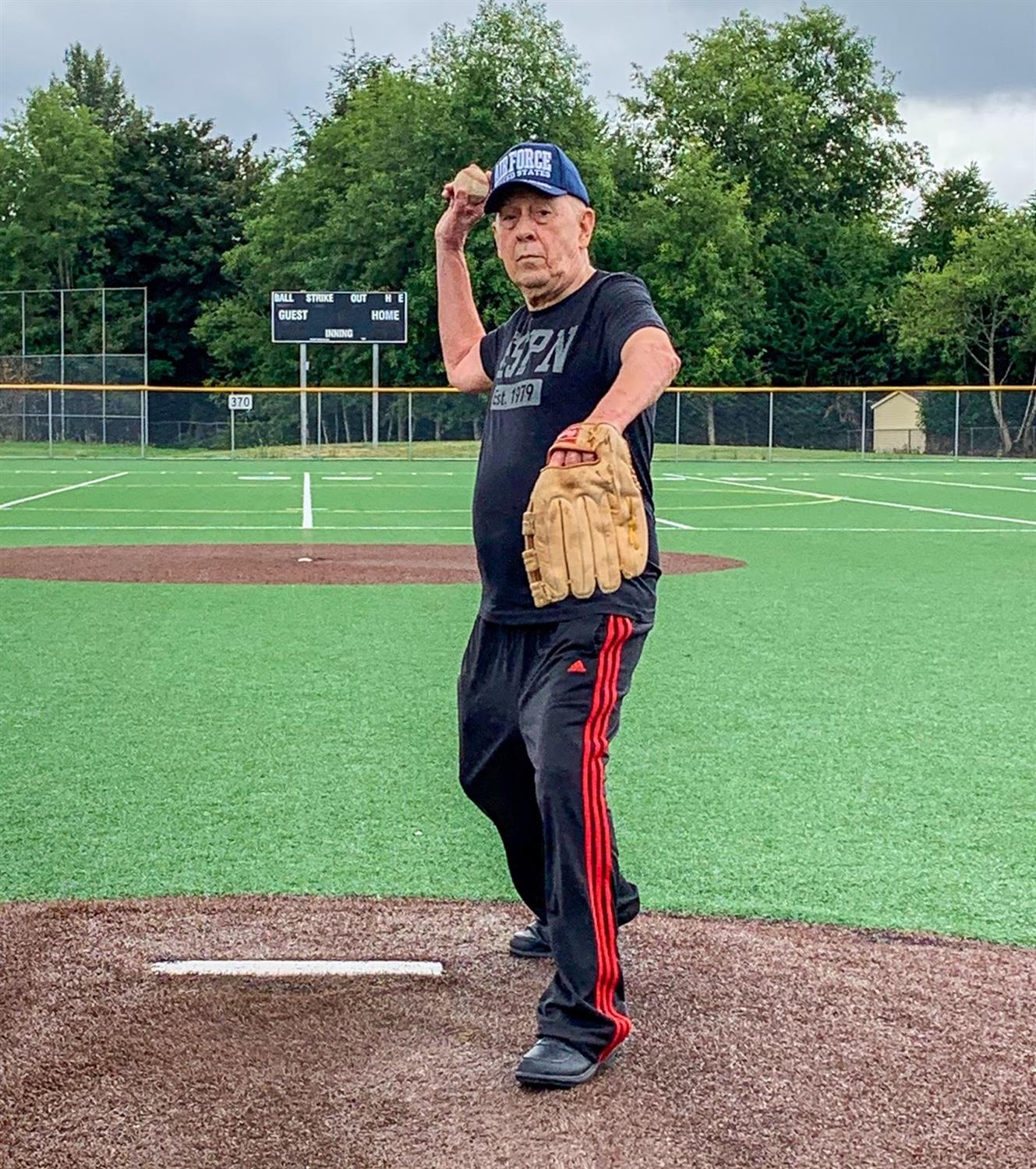 On July 10, 2019 Bill Rasmussen practices his pitching near his home in Seattle. “Feels great and no issue reaching the plate,” Rasmussen reported following the session in preparation for his Sept. 8 first pitch honors at Fenway Park. (Sarah Van Hollebeke)