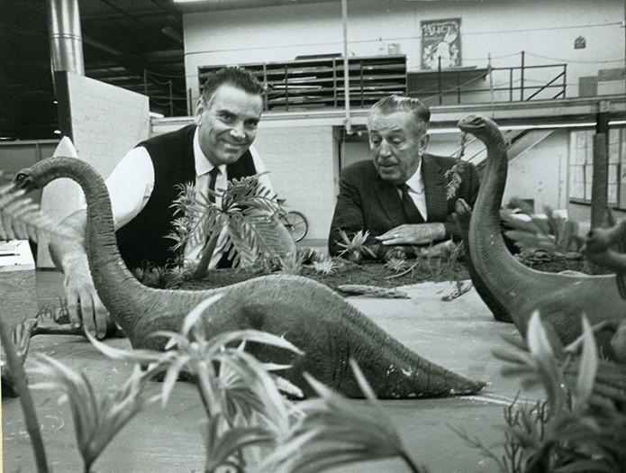 (Claude Coats with Walt Disney discussing Primeval World, 1966)