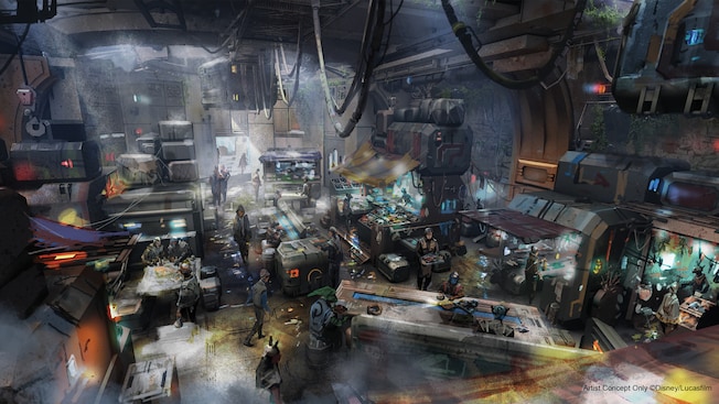 Visitors to Black Spire Outpost peruse fare from across the galaxy at Docking Bay 7 Food and Cargo