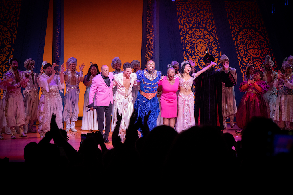 Peabo Bryson, Jacob Dickey, Michael James Scott, Regina Belle, Arielle Jacobs and the cast of Aladdin on Broadway. Photo Credit – Shay Frey