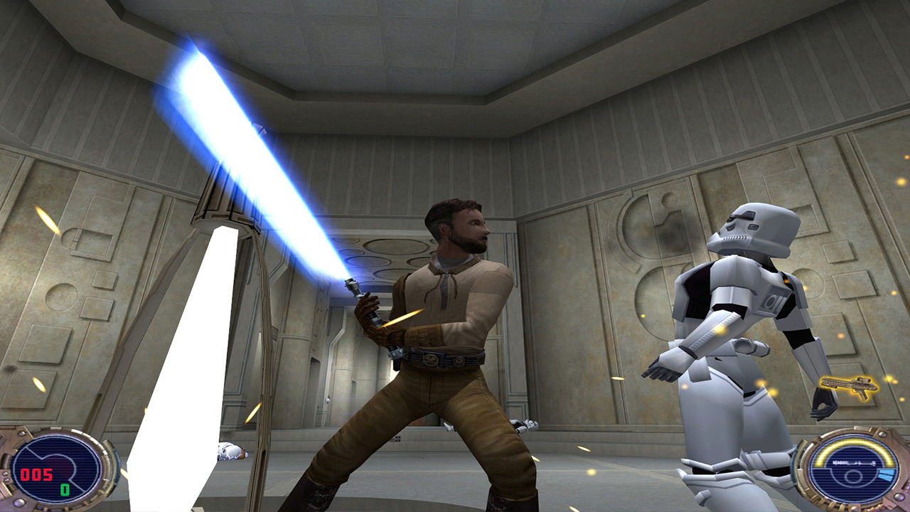 Kyle Katarn attacks a stormtrooper in Jedi Outcast.