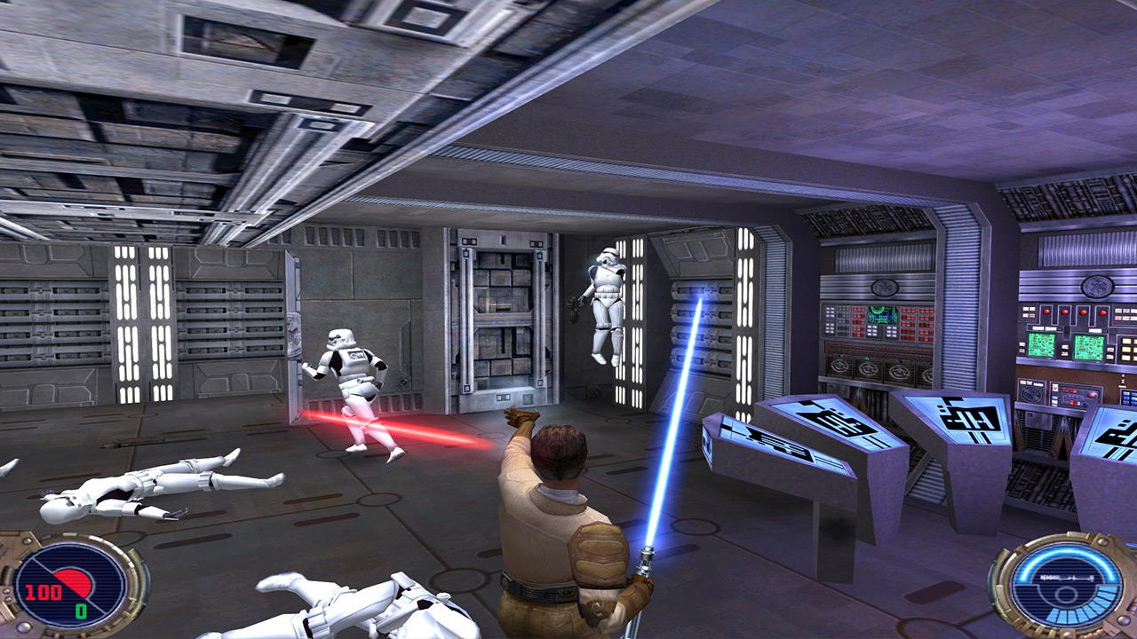 Kyle Katarn battles stormtroopers in Jedi Outcast.