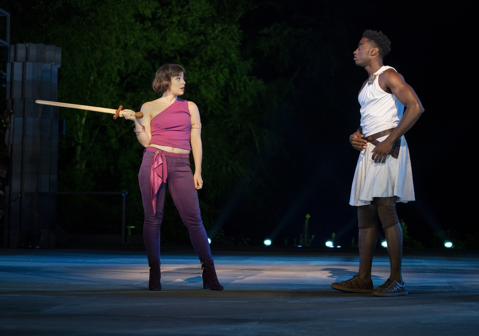 Krysta Rodriguez and Jelani Alladin in The Public Theater’s free Public Works musical adaptation of Hercules, with music by Alan Menken, lyrics by David Zippel, book by Kristoffer Diaz, choreography by Chase Brock, and directed by Lear deBessonet, running at the Delacorte Theater. Photo credit: Joan Marcus.