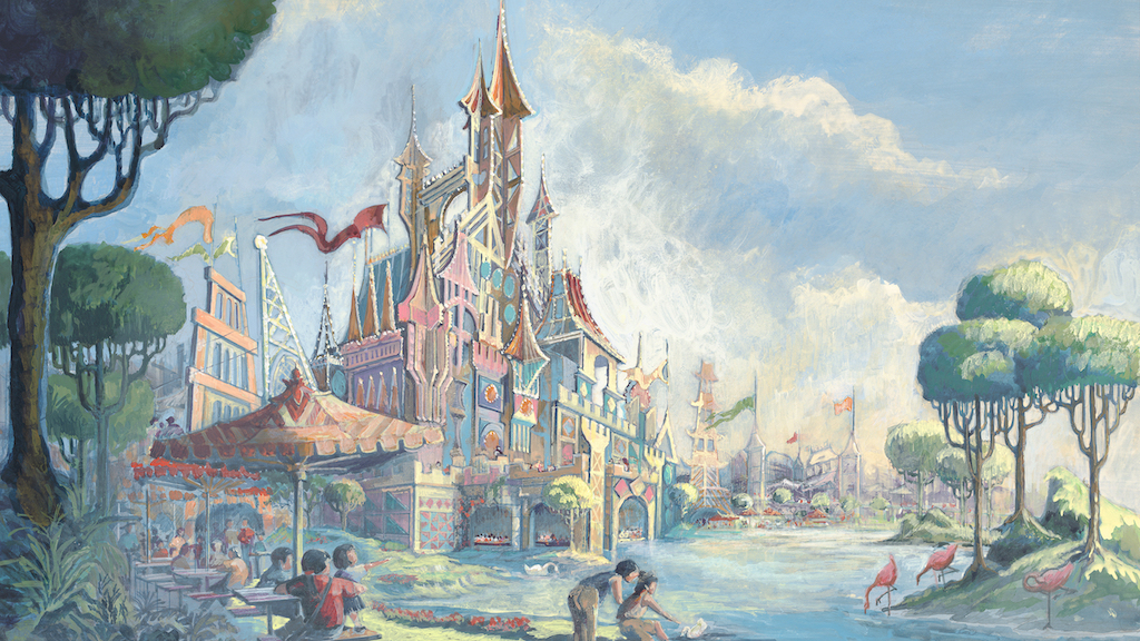 Also interesting is that this was the original concept art for the castle at Hong Kong Disneyland. Instead, they got a clone of Disneyland's Sleeping Beauty Castle (which is currently being transformed into the Castle of Magical Dreams)