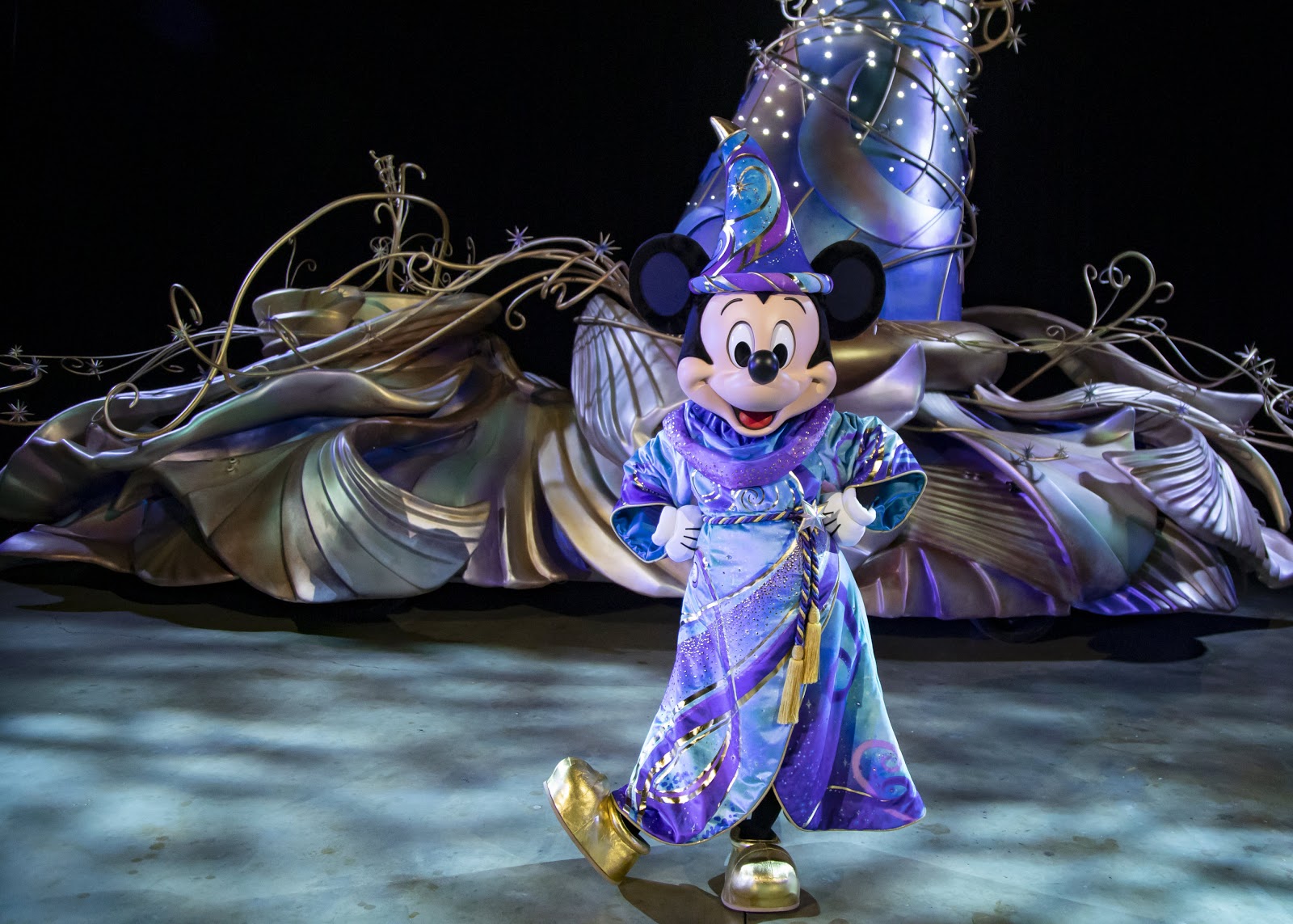 Pictured during a backstage rehearsal of the “Magic Happens” parade set to debut at Disneyland Park in California Feb. 28, 2020, Mickey Mouse will wear an all-new sorcerer-inspired costume as he leads the way from atop a 15-foot tall iridescent magical hat.