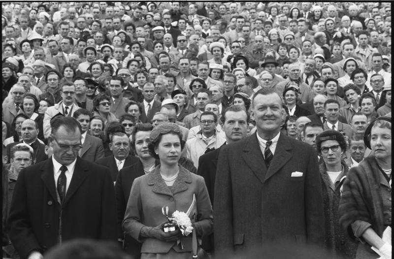 Queen Elizabeth II at a University of Maryland football game. October 19, 1957. (Warren K. Leffler/Public Domain)