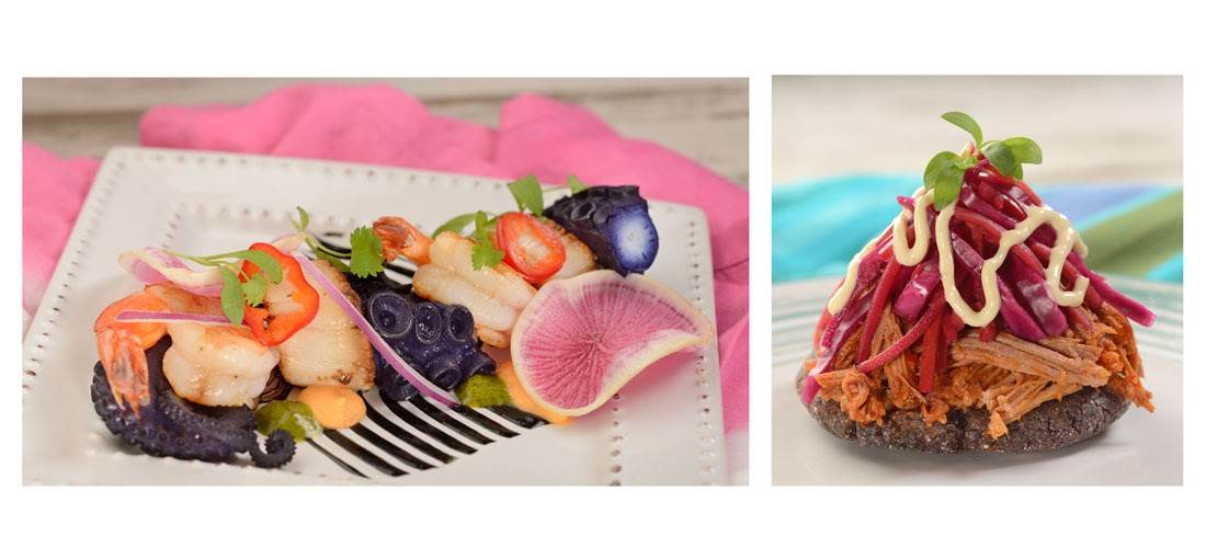 Left: chilled seafood cocktail with octopus, scallops, shrimp, black garlic aïoli, tomato coconut sauce and serrano lime oil. Right: Blue Corn Pupusa stuffed with cheese and topped with shredded pork, guajillo and árbol chile sauce, cabbage slaw and aji amarillo crema.