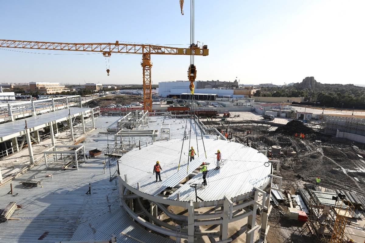 View from above of the final roof deck being installed on the main attraction at Zootopia.