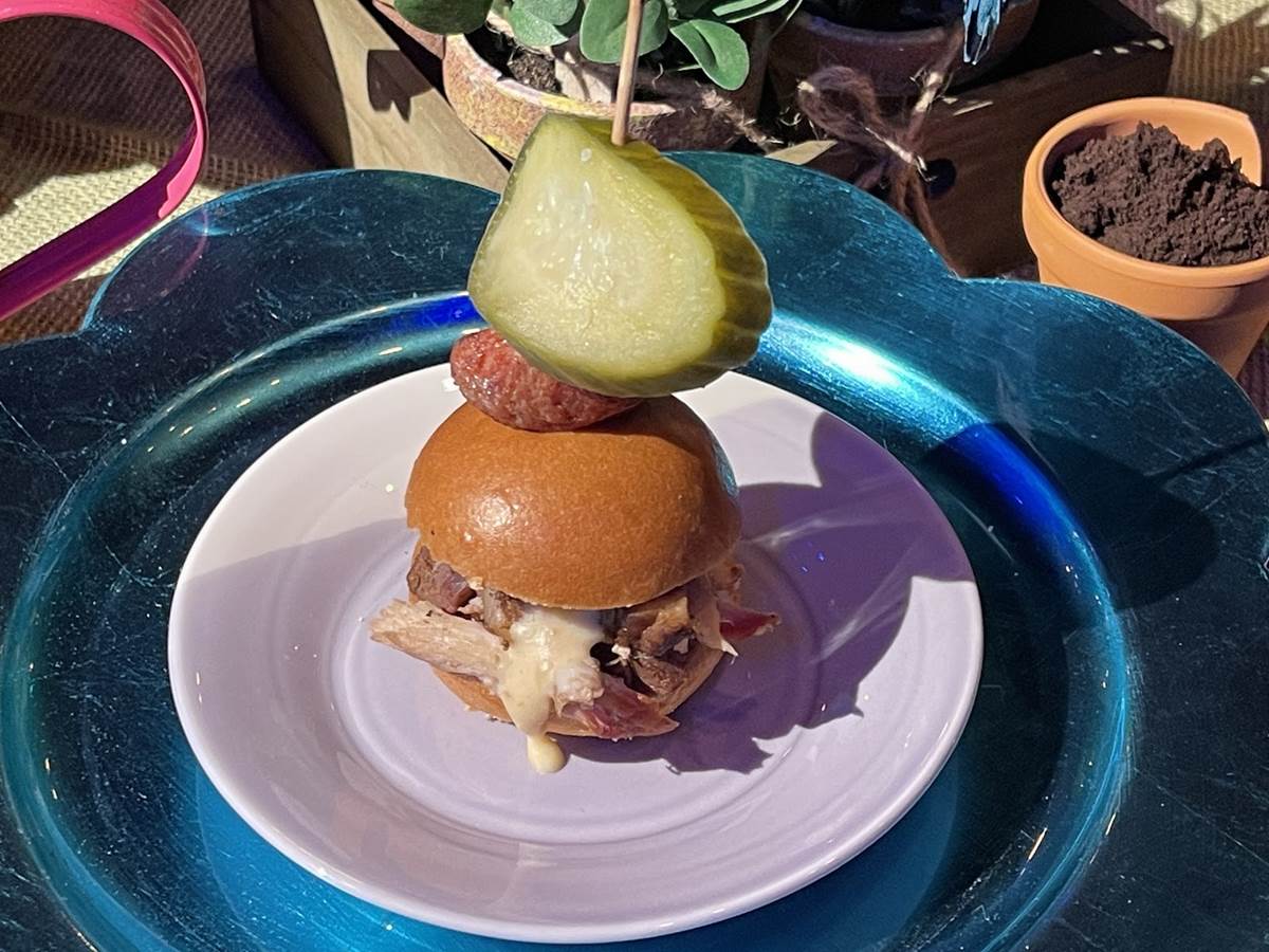 Beef Brisket Burnt Ends and Smoked Pork Belly Slider with Garlic Sausage, Chorizo, Cheddar Fondue, and House-Made Pickle ($7.50)