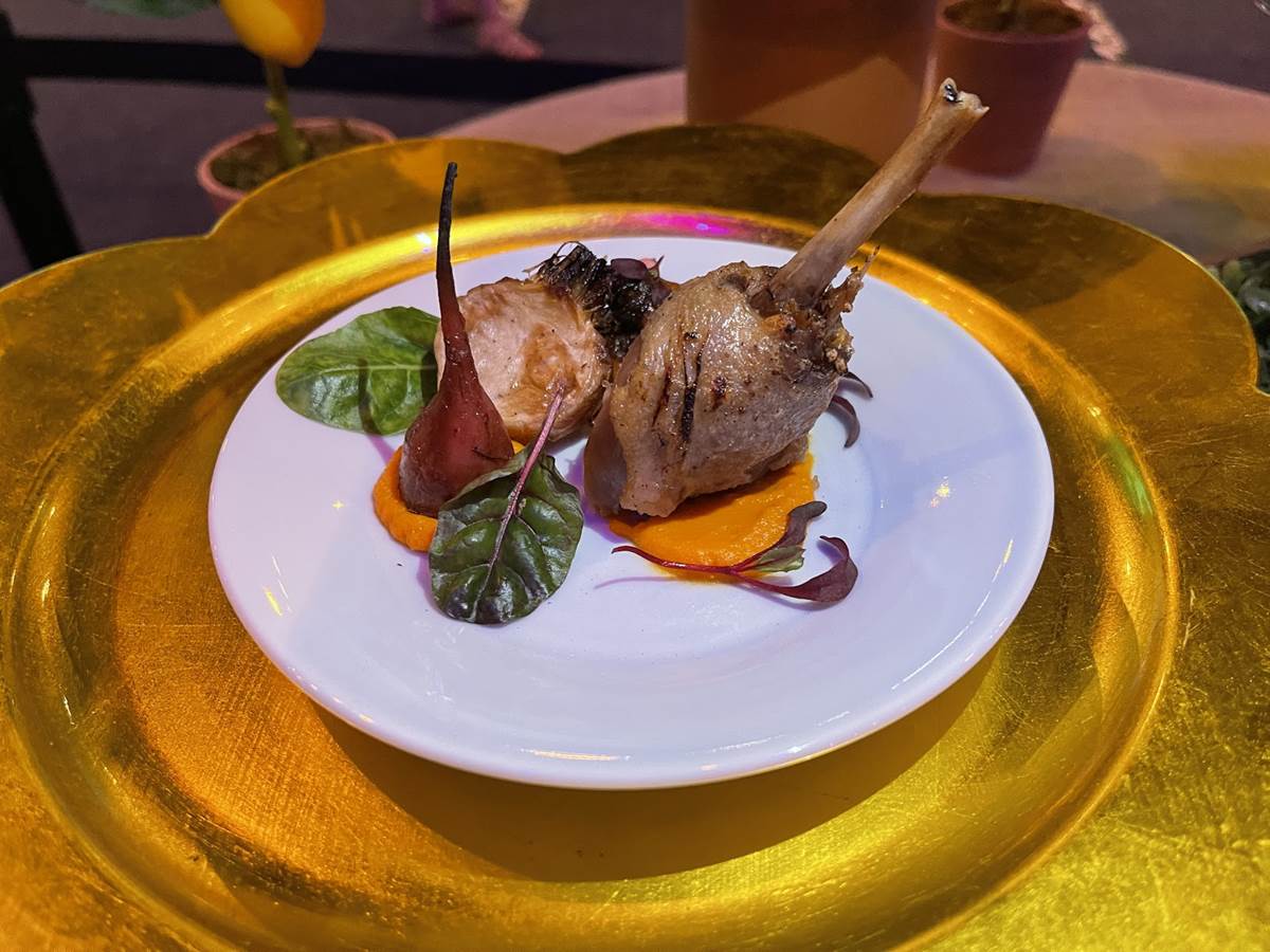 Duck Confit - with Carrot Purée, Roasted Root Vegetables, Rainbow Chard and Duck Jus ($7.25)