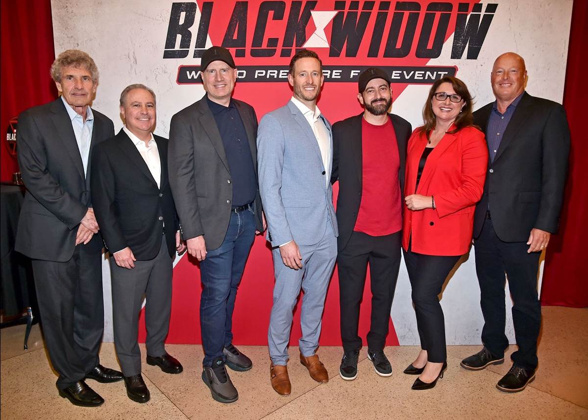 (L-R) Chief Creative Officer of Disney Studios Content Alan Horn, Chairman of Disney Studios Content Alan Bergman, Producer, President of Marvel Studios and Chief Creative Officer of Marvel Kevin Feige, Co-Producer Brian Chapek, Executive Producer Brad Winderbaum, EVP of Production at Marvel Studios Victoria Alonso, and CEO of The Walt Disney Company Bob Chapek attend the Black Widow World Premiere Fan Event at Dolby Theatre on June 29, 2021 in Los Angeles, California. (Photo by Alberto E. Rodriguez/Getty Images for Disney)"