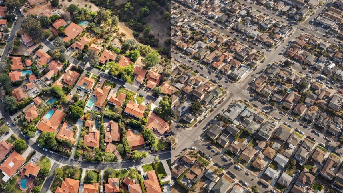 Left: Most shade in L.A. is in communities such as Rolling Hills, where people can afford to care for the trees.
Right: In low-income, largely minority areas such as Hawthorne, lack of public investment means fewer trees.
Photograph by Elliot Ross.