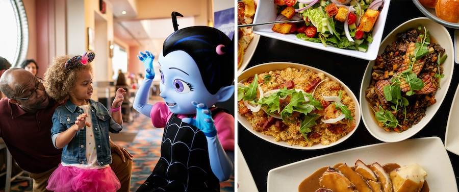 Collage of Hollywood & Vine featuring Disney Junior pals and meal spread