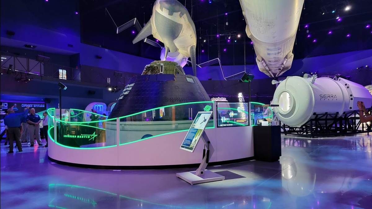 Boeing Crew Space Transporation-100 Starliner Mock-Up Capsule (full-scale engineering model), SpaceX Falcon 9 booster, Sierra Space Dream Chaser (full-scale model), Sierra Space Shooting Star&trade; (full-scale model),Orion Exploration Flight Test-1 Capsule (flight flown)