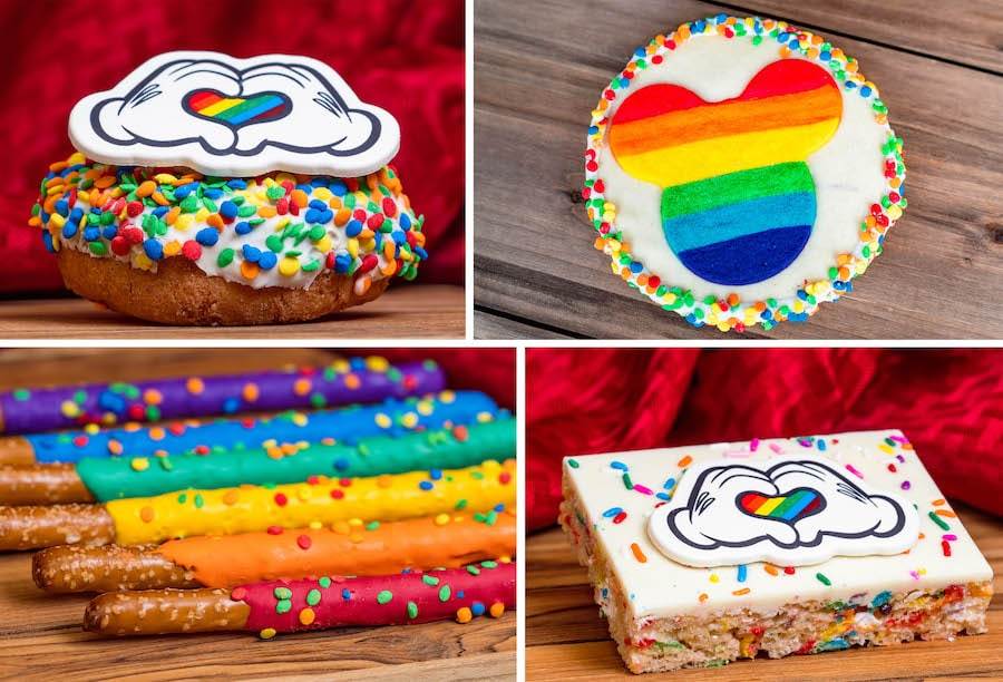 Pride Donut, Pride Sugar Cookie, Pride Pretzel Rods and Pride Crisped Rice Treat