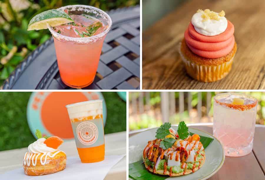 Collage of dishes and beverages at Disney Springs inspired by Florida