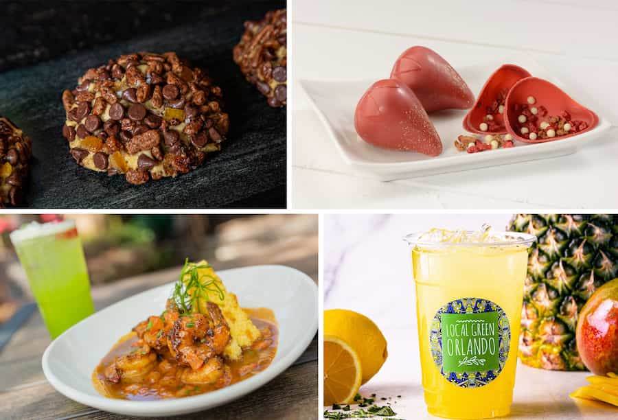 Collage of dishes and beverages at Disney Springs inspired by Florida