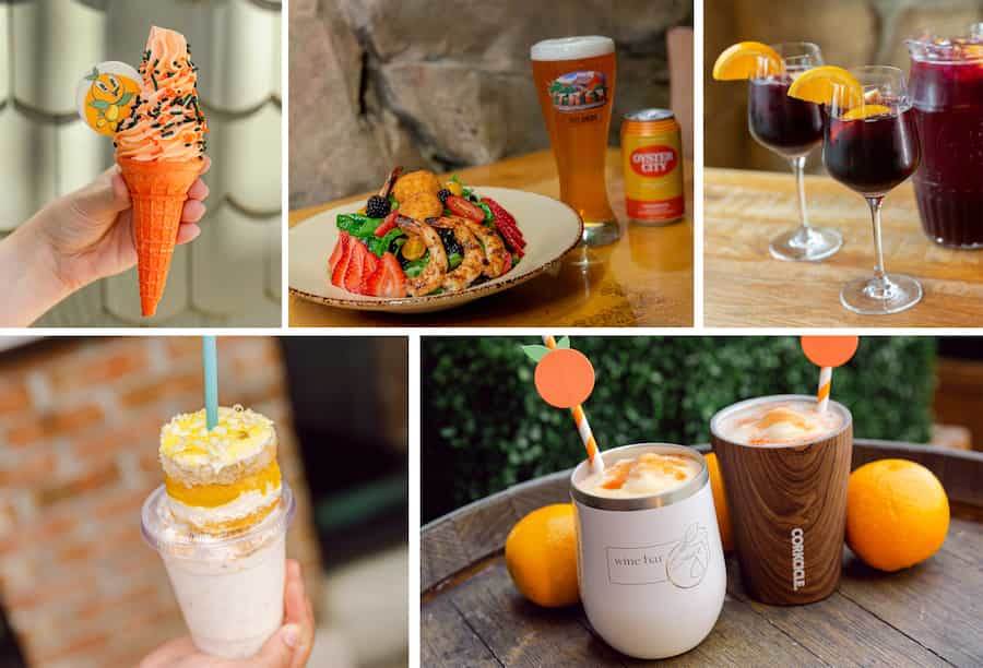 Collage of dishes and beverages at Disney Springs inspired by Florida