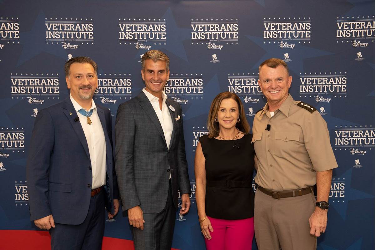 Medal of Honor recipient, David Bellavia, Josh D’Amaro, Chairman Disney Parks, Dr. Beth Funk and General Paul Funk II