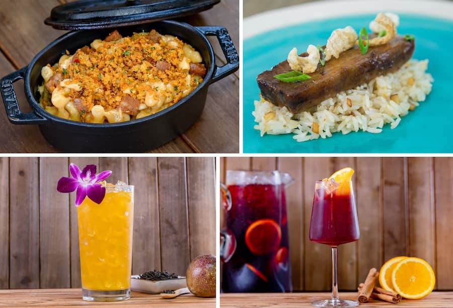 Southern Mac ‘n Cheese, Pork Belly Adobo, Ceylon Splash and Huckleberry Sake Sangria from the Festival of Holidays 2022 at Disneyland Resort