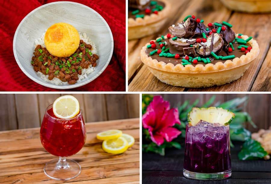 Sweet Potato-stuffed Corn Muffin, Chocolate Bourbon-flavored Tart made with TWIX Cookie Bar Pieces, Cranberry-Chai Pisco Punch and Piña-Hibiscus Mezcal Mule form the Festival of Holidays 2022 at Disneyland Resort