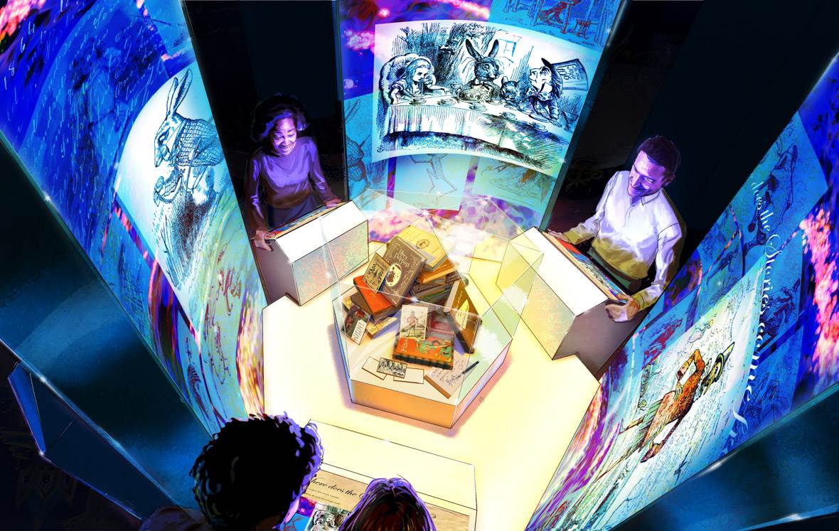 Alt Text: An artist’s rendering of an interactive station within the gallery titled “Where Do the Stories Come From