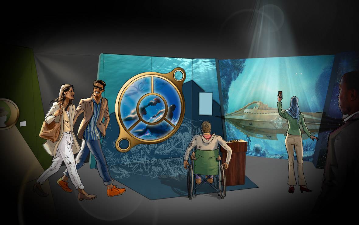 Alt Text: An artist’s rendering of an interactive station within the gallery titled “The Spirit of Adventure and Discovery