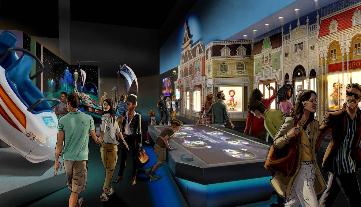 Alt Text: An artist’s rendering of the gallery titled “Your Disney World: A Day in the Parks