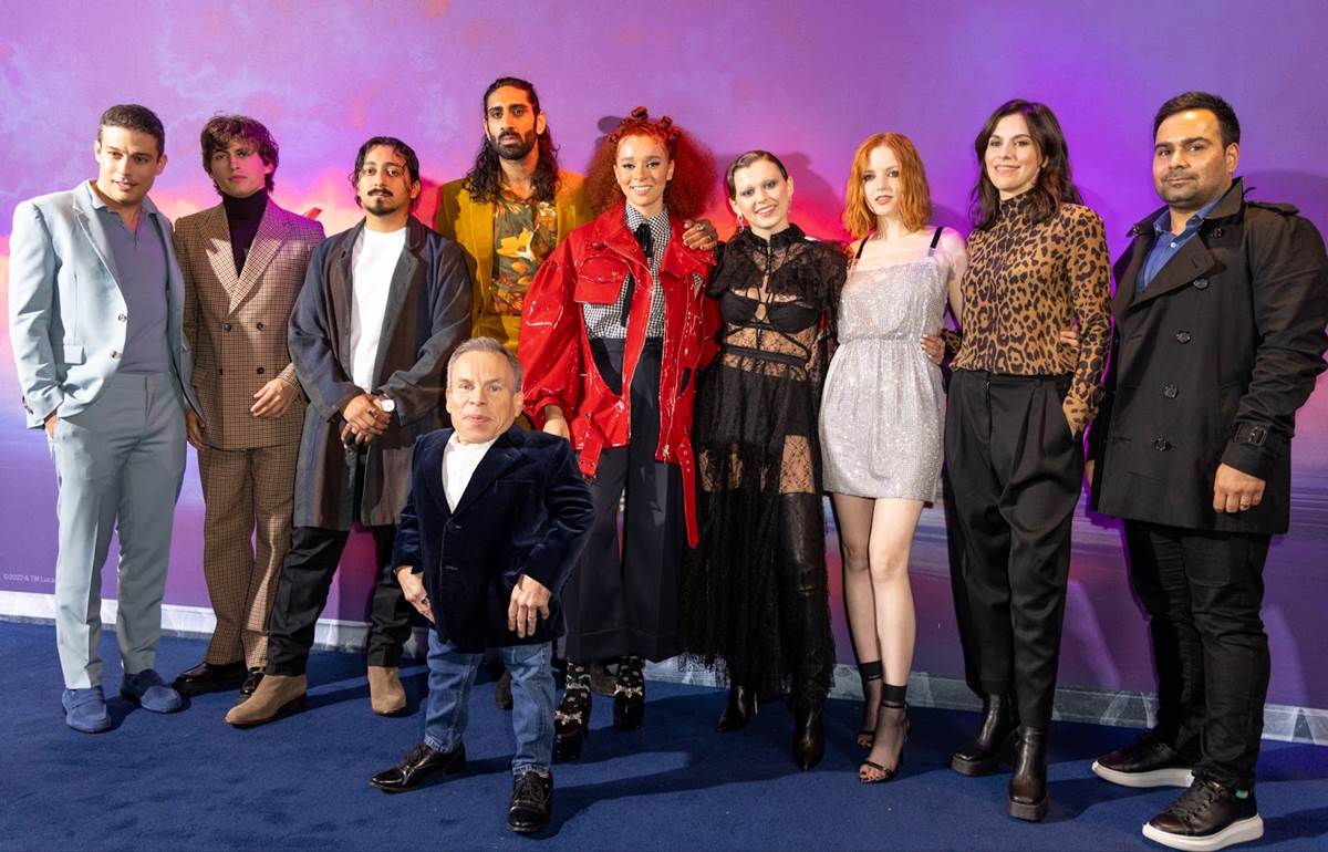 (L to R)Jon Kasdan, Dempsey Bryk, Tony Revolori, Warwick Davis, Amar Chadha-Patel, Erin Kellyman, Ruby Cruz, Ellie Bamber, Michelle Rejwan and Roopesh Parekh (Photo by StillMoving.net for Disney)