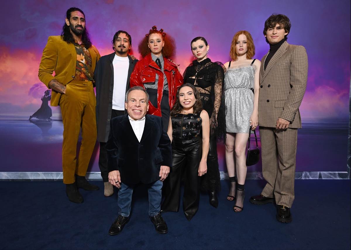 (L-R Back row) Amar Chadha-Patel, Tony Revolori, Erin Kellyman, Ruby Cruz, Ellie Bamber and Dempsey Bryk, (L-R front row) Warwick Davis and Annabelle Davis