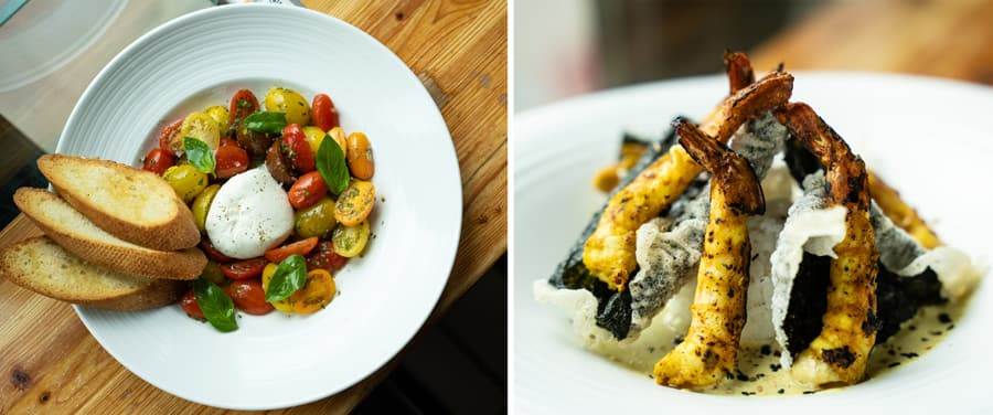 Tomato and Burrata and Coconut Curry Shrimp