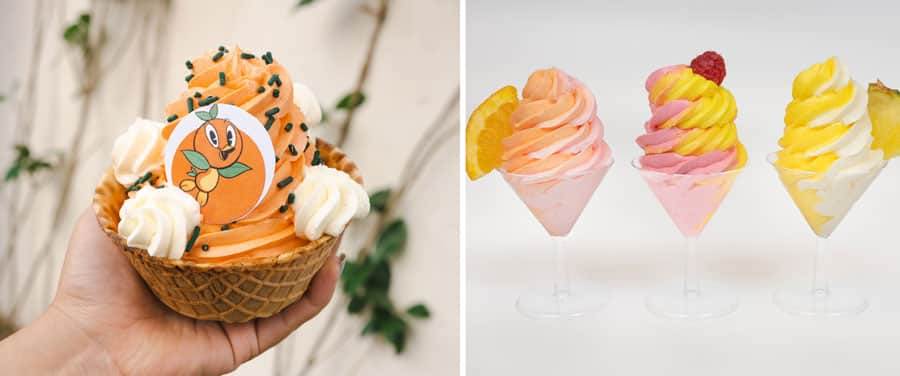 collage of DOLE Whip orange, whipped cream, and sprinkles served in a waffle bowl and DOLE Whip Sampler