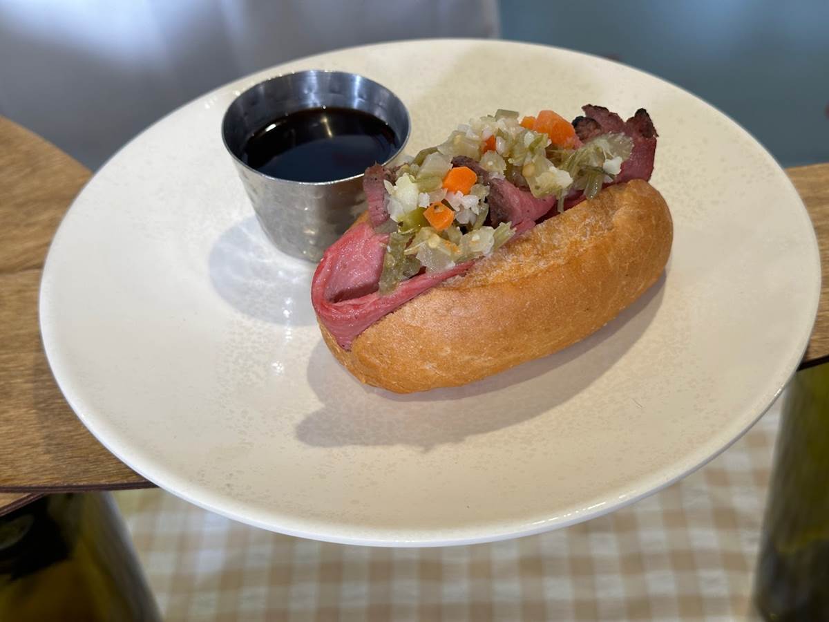 Italian Hot Beef Sandwich with Shaved Beef, Spicy Giardiniera, and Au Jus on a French Roll (Flavors of America)