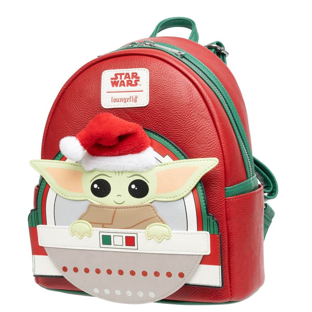 Grogu wears a fuzzy Santa hat complete with pom!