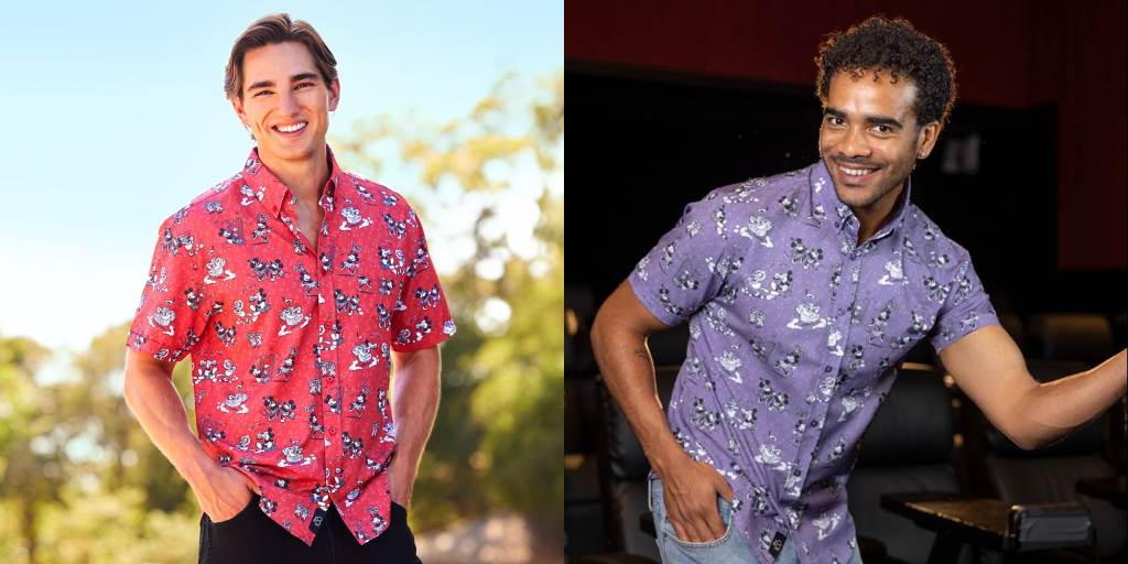 "Dancing Toons" shirt by RSVLTS in alternate red colorway (left) for shopDisney. The original style is purple