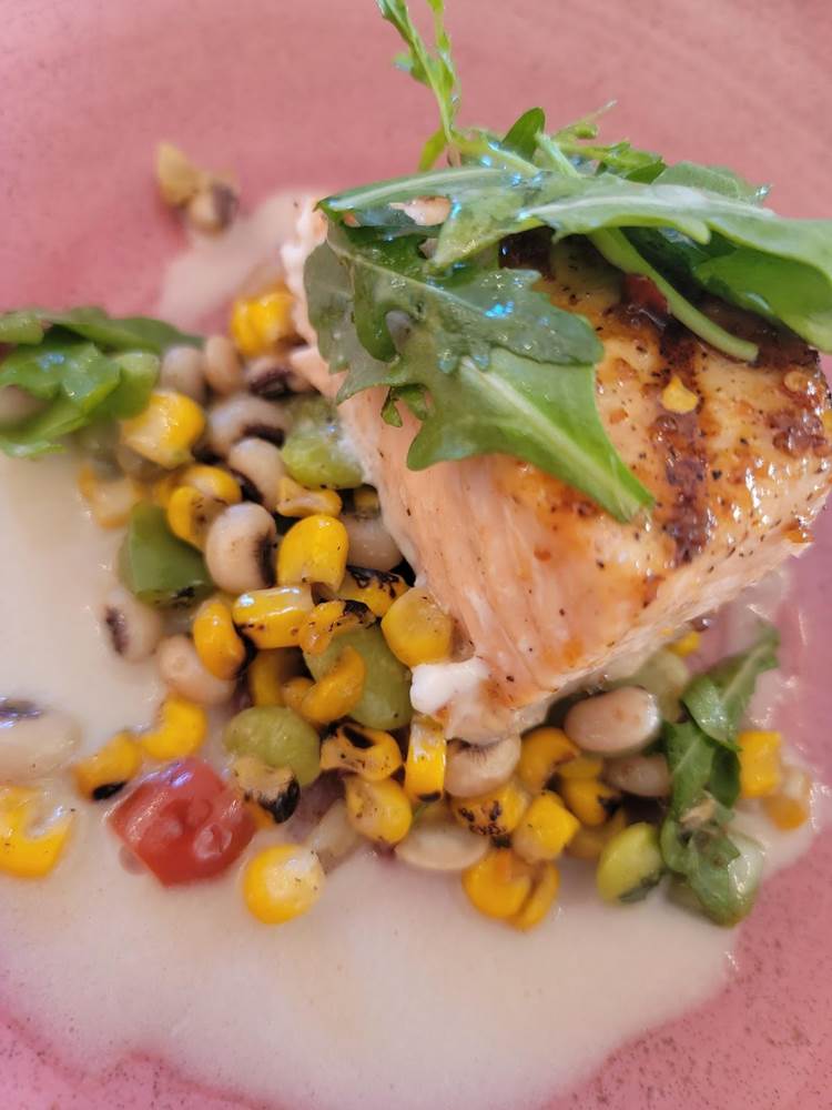 Chili-Spiced Honey Glazed Grilled Salmon: Pacific Salmon, Creole mustard glaze, season’s succotash of corn, black-eyed peas, and fresh herbs, lemon butter sauce