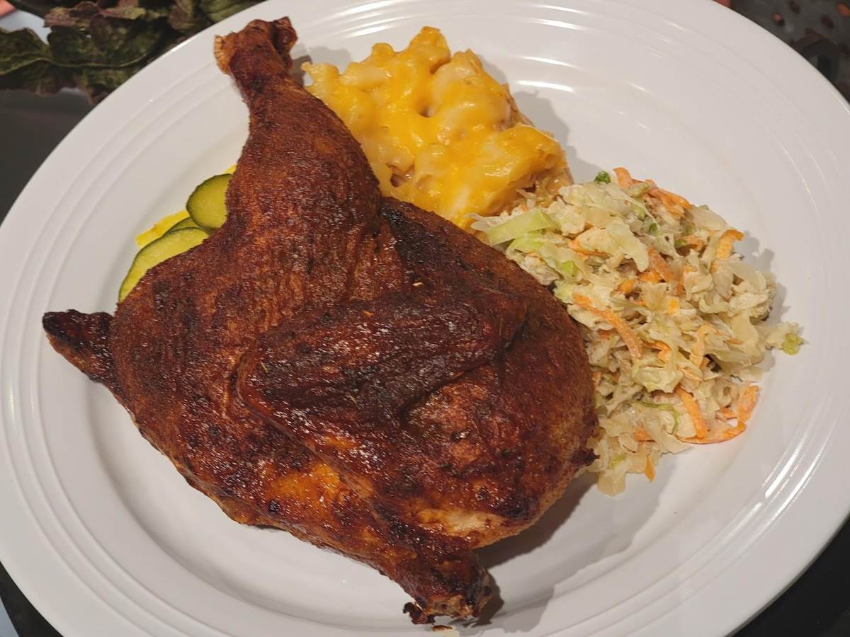 Cajun Spiced Half-Chicken with Macaroni and Cheese and Cole Slaw