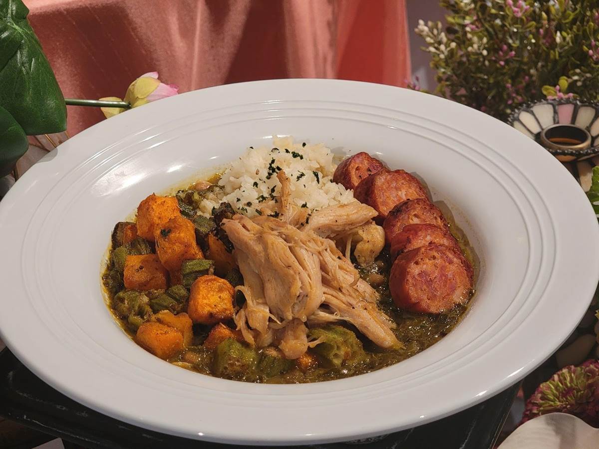 7 Greens Gumbo with Braised Chicken and Andouille Sausage.